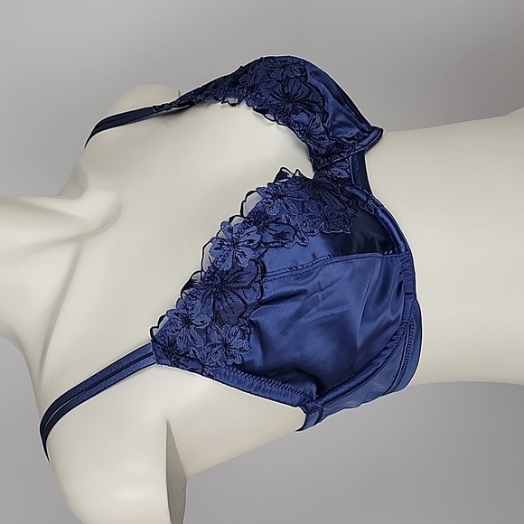 ⭐️2/ $30⭐️ Aerie Blue Satin Lace Rose Gold Hardware Underwire Demi Cup Bra 34DD - Picture 1 of 9